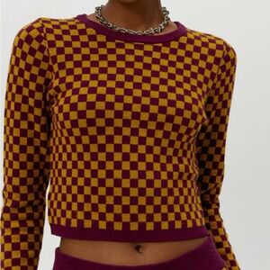 DAYDREAMER NWT M Fig Check Fitted Cropped Pullover Crew Sweater Soft Stretch Y2K